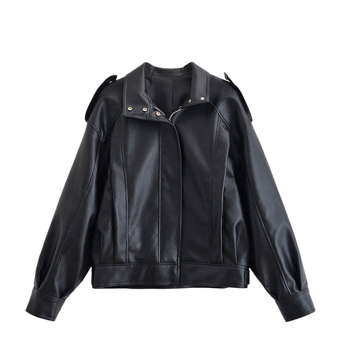 Shoulder texture texture PU zipper jacket for women