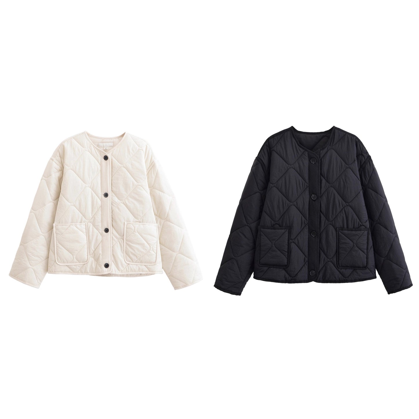 Round neck single breasted diamond grid cotton jacket for women