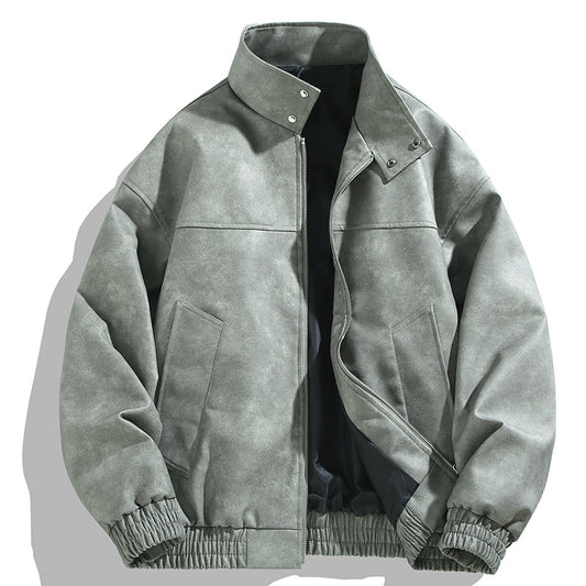 Wholesale Men's PU Leather Retro Tie-dye Jacket Spring Autumn Trendy Stand Collar Casual Jacket