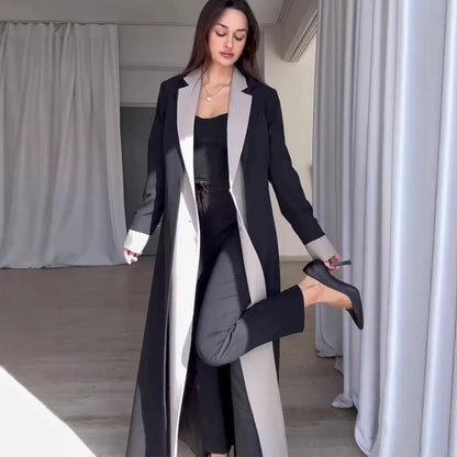 Long length suit collar patchwork contrasting color trench coat for women's temperament commuting jacket
