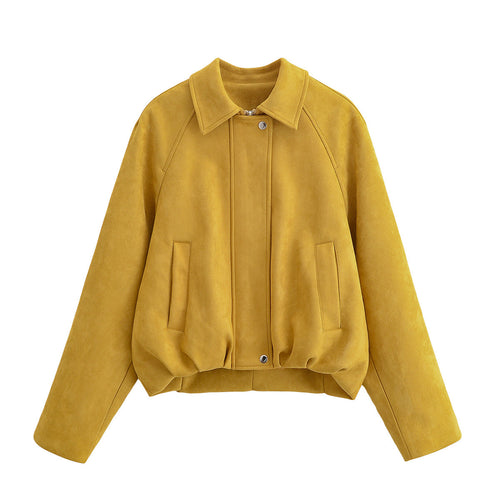 Flip collar suede texture baseball jacket for women