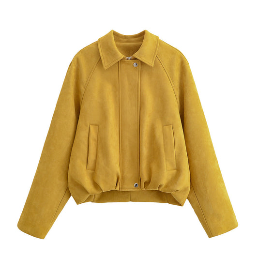 Flip collar suede texture baseball jacket for women
