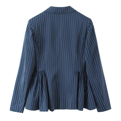 Puffy flower bud hem vertical stripe suit jacket for women