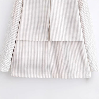 Color blocked PU lapel short plaid trench coat for women