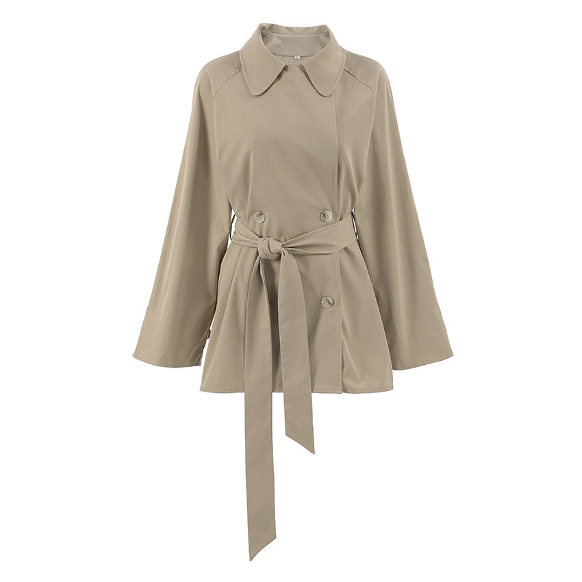 Mid to long khaki jacket with tie up autumn long sleeved jacket