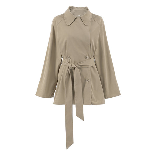 Mid to long khaki jacket with tie up autumn long sleeved jacket