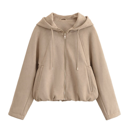 Hooded solid color zipper baseball jacket for women