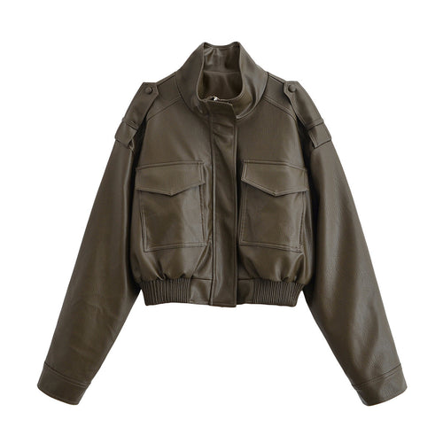 Pocket decoration retro casual PU jacket baseball jacket women's jacket