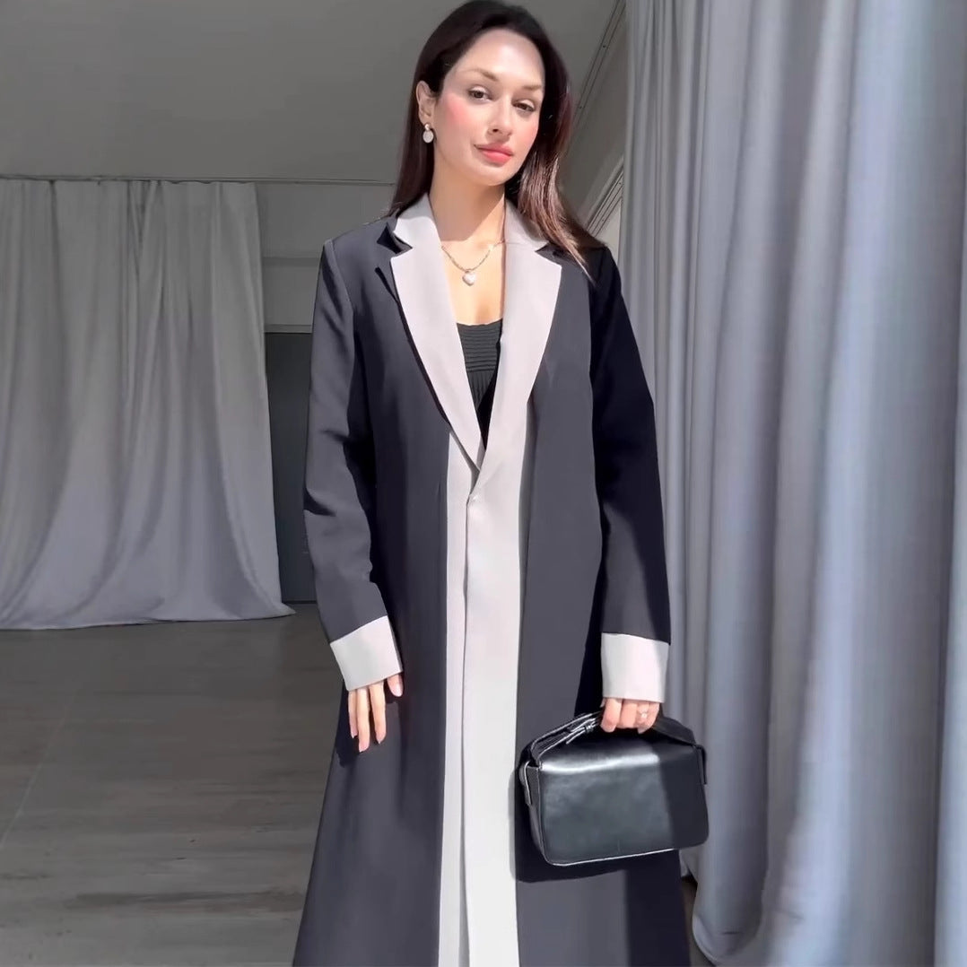 Long length suit collar patchwork contrasting color trench coat for women's temperament commuting jacket