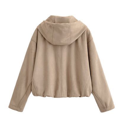 Hooded solid color zipper baseball jacket for women