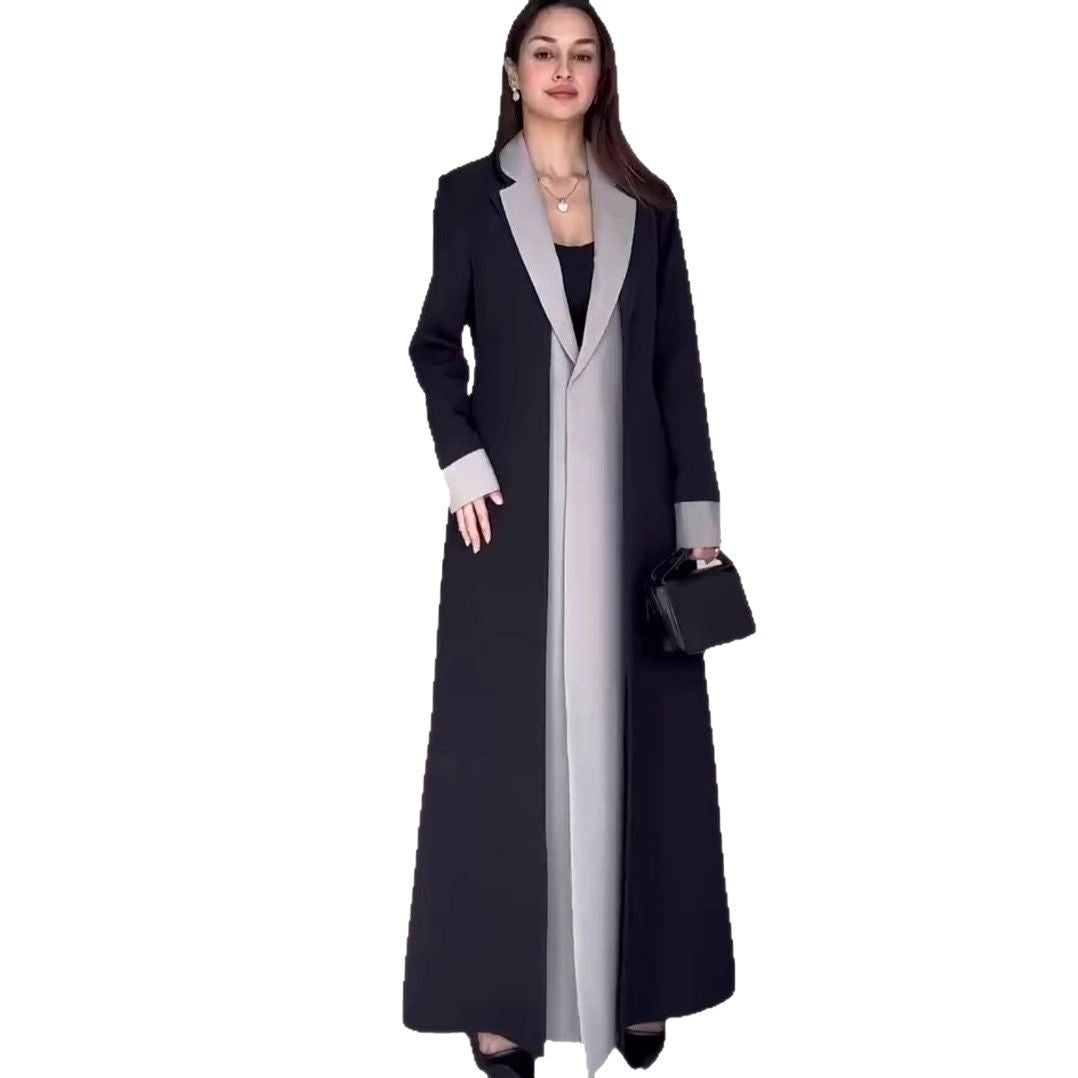 Long length suit collar patchwork contrasting color trench coat for women's temperament commuting jacket