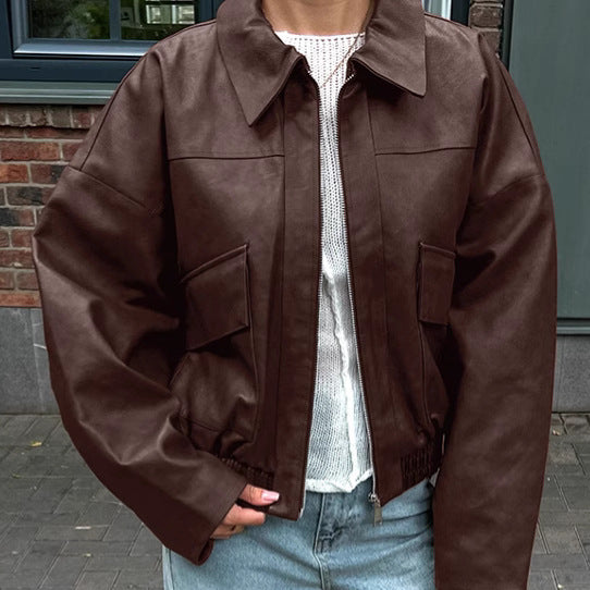 Spring and Autumn Vintage Old Money Style Leather Jacket Pilot Jacket