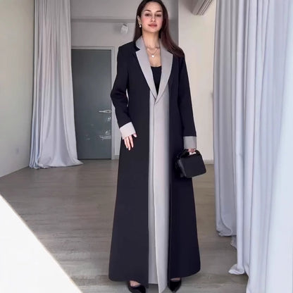 Long length suit collar patchwork contrasting color trench coat for women's temperament commuting jacket