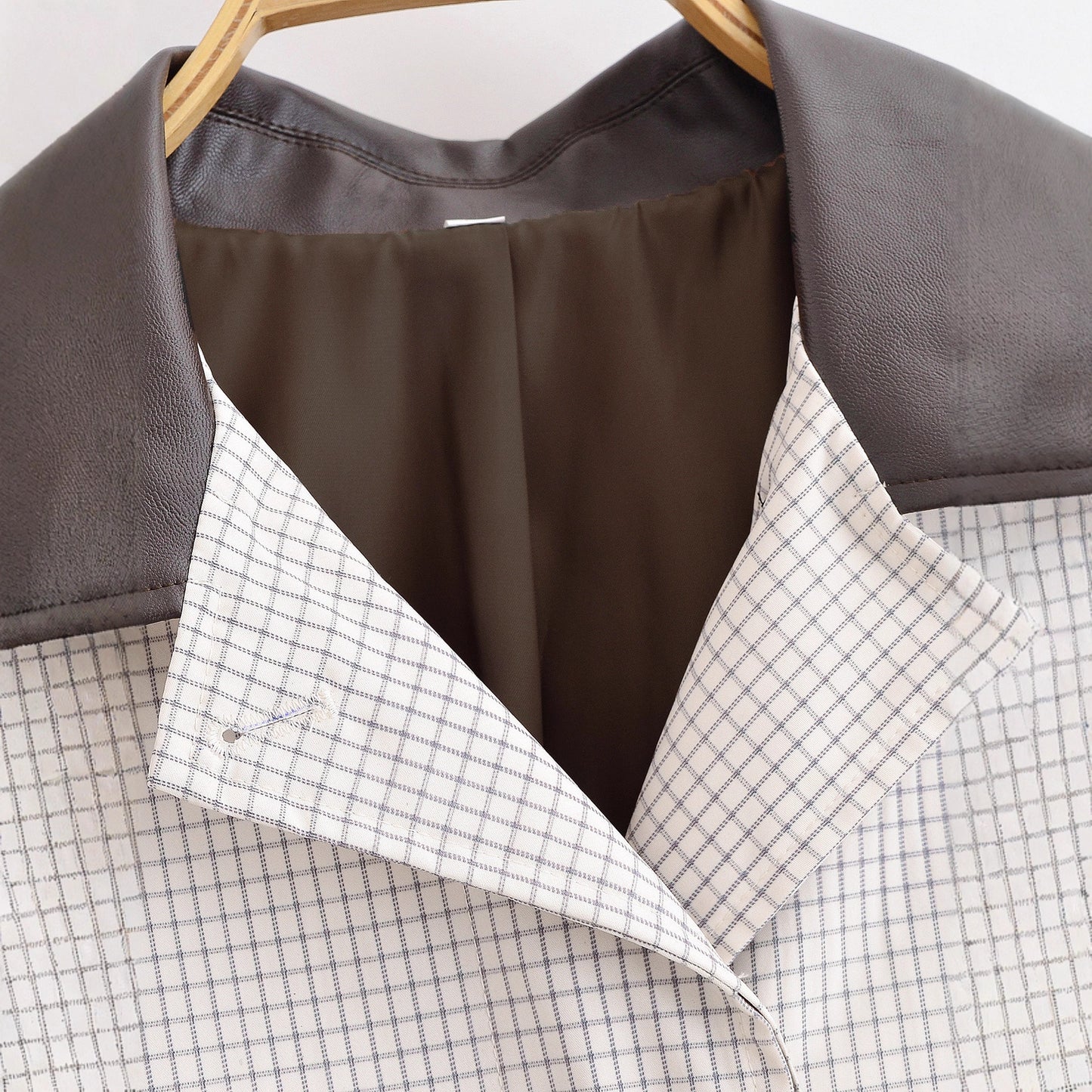 Color blocked PU lapel short plaid trench coat for women