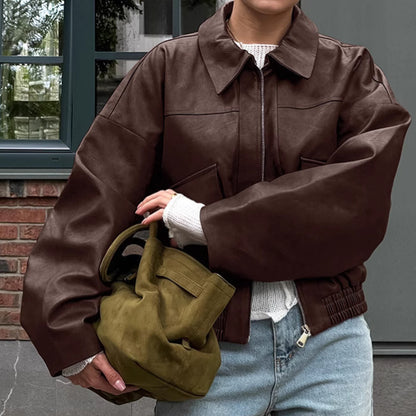 Spring and Autumn Vintage Old Money Style Leather Jacket Pilot Jacket