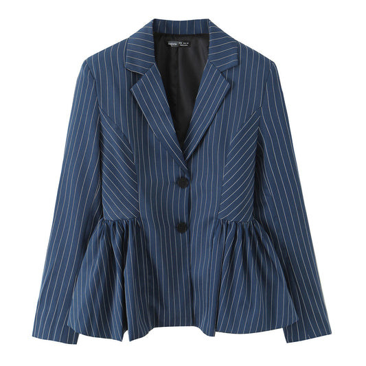 Puffy flower bud hem vertical stripe suit jacket for women