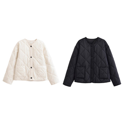 Round neck single breasted diamond grid cotton jacket for women